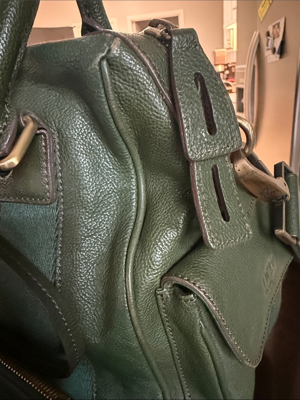 MCM Dark Green Leather Satchel with Removable Canvas Strap - Picture 11 of 16